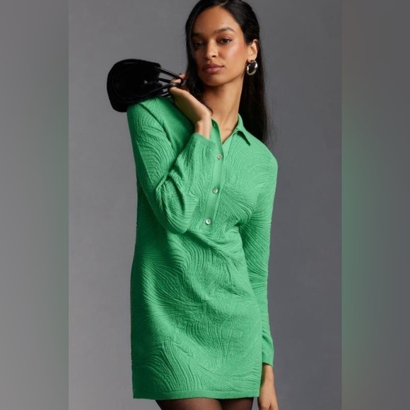 By Anthropologie Long-Sleeve Polo Sweater Mini Dress Green Medium - Picture 2 of 9